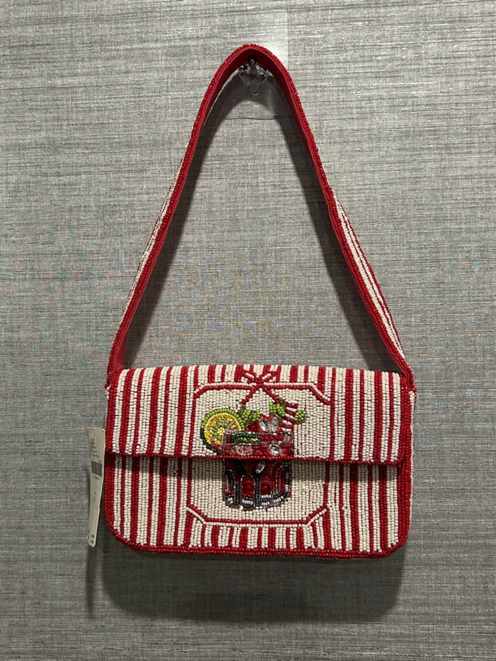 Anthropologie Red and White Beaded Clutch with Fruit Motif